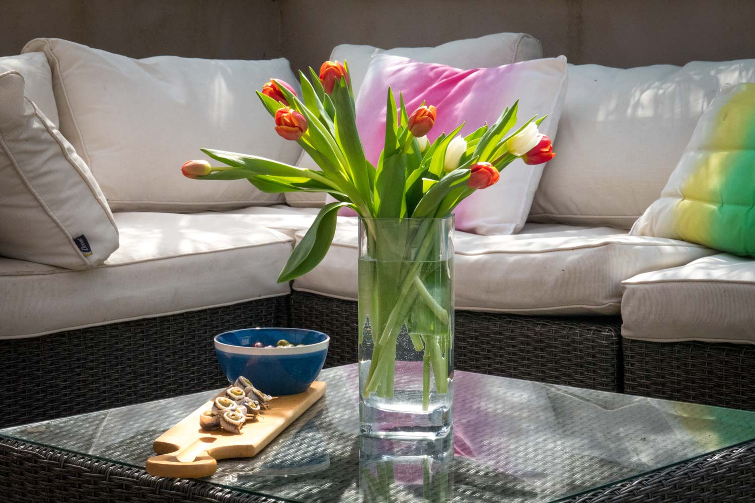 tulips on the table outdoor garden furniture